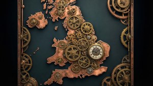 Eine Steampunk-Karte von Großbritannien mit Zahnrädern und Messing.