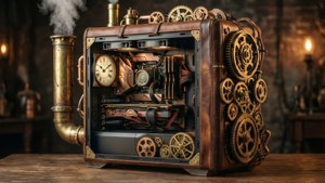 Een steampunk-pc gebouwd van messing, tandwielen en leer met een uurwerkinterieur
