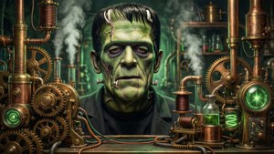 Monster Frankenstein di laboratorium steampunk dengan roda gigi dan uap.