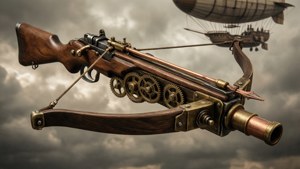 Arbalète de style steampunk avec engrenages, flottant dans le ciel.