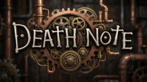 Steampunk Death Note -logo hammasrattailla ja kuparisävyillä.