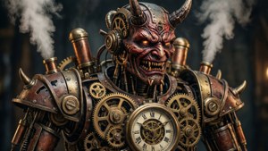 Robot demone steampunk con ingranaggi e vapore.