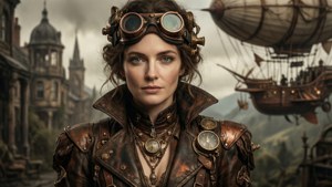 Lily Cole steampunk-tutkijana ilmalaivan kanssa, viktoriaanista tieteiskirjallisuutta.