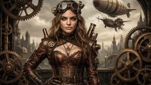 Steampunk woman in gear with airships and giant cogs in a gothic city. — Cara Delevingne Wallpaper