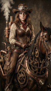 Steampunk cowgirl med messingbriller og damphest, victoriansk sci-fi tapet.