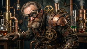 Igor i ett steampunk-labb med kugghjul och skyddsglasögon.