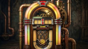Fantasy steampunk jukebox med kugghjul och mässingsdetaljer.