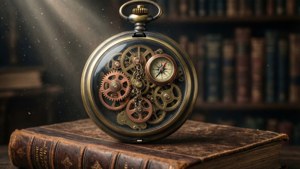 Wajah jam saku Steampunk dengan roda gigi tembaga dan kompas di buku tua