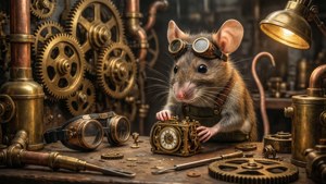 En genial mus-ingeniør Womp Womp jobber med en urverksinnretning i et steampunk-verksted.