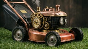 Mesin pemotong rumput terinspirasi steampunk dengan kuningan dan roda gigi.
