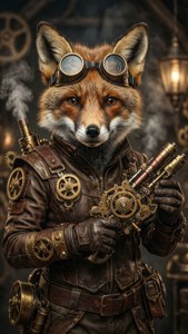 Neco Arc in steampunk-kleding met een veiligheidsbril en een mechanisch apparaat, bruine en gouden kleuren.