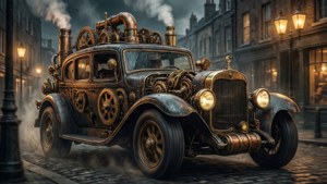 Offset car as steampunk machine in Victorian city.