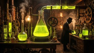 Un laboratoire steampunk avec des béchers de phosphore lumineux et des machines victoriennes dans une lumière chaude