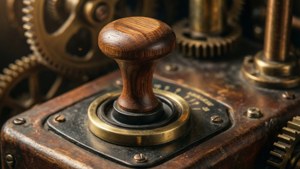 Vintage træ tænd/sluk-knap med messingdetaljer på et steampunk panel