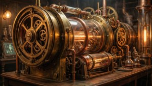Akselerator partikel bergaya steampunk dengan kuningan dan roda gigi