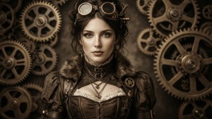 Mandy Rose in einem Steampunk-inspirierten Kostüm mit viktorianischen Elementen.