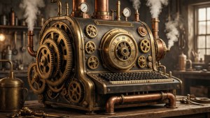 Steampunk-taustakuva, joka yhdistää viktoriaanisen mekaniikan ja turvallisen tietojenkäsittelyn konseptin.