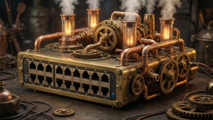 Ein von Steampunk inspirierter Netzwerk-Switch mit Messing, Kupfer und glühendem Dampf.