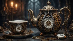 Conjunto de chá steampunk gótico com engrenagens de relojoaria e correntes de relógio de bolso em luz âmbar dramática