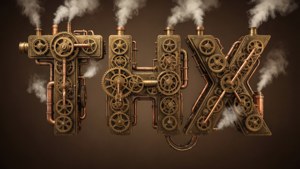Steampunk THX-logo med gir og damp.