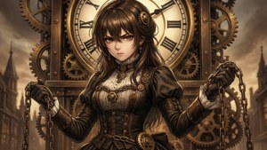 Sharon Rainsworth dans une tour d'horloge steampunk avec des engrenages.