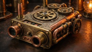 En steampunk-tolkning av en transceiver med messing, kobber og tannhjul.