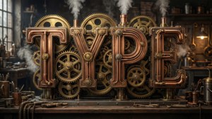Mesin steampunk dengan roda gigi kuningan membentuk huruf Comic Sans