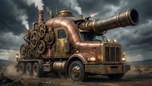 En steampunk-sveiselastbil omgjort til en gigantisk krigsmaskin med messingdetaljer og en sveisekanon.