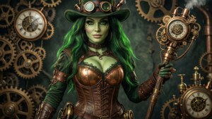Elphaba herbedacht in steampunk Oz, korset, bril, mechanische toverstaf, tandwielen en klokwerk.