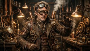 Gerard Rene Le Vilain sebagai penemu steampunk dikelilingi oleh roda gigi dan gadget