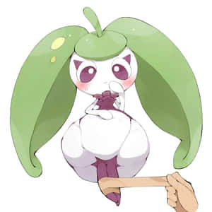 Uma pequena criatura anime maçã com orelhas de folha sendo segurada por uma mão humana. — Mo Papéis de Parede
