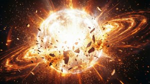 Un dramático primer plano de la explosión inicial de una supernova con fragmentos blancos incandescentes y arcos de energía.