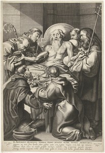 Sterfbed van de Heilige Antonius by Petrus Clouwet, created 1649, in paper; engraving. Download this artwork as a high-resolution wallpaper for desktop, tablet,