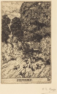 Stevenage by Frederick Landseer Maur Griggs, created 1902, in etching in black. Download this artwork as a high-resolution wallpaper for desktop, tablet, or mob — Frederick Landseer Maur Griggs Wallpaper