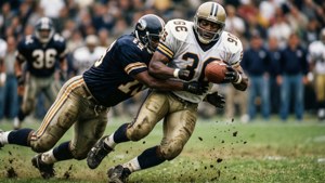 Handlingsbilde av Michael Irvin som løper med ballen, stiv-arm forsvarer, bevegelsesuskarphet, gress som flyr.