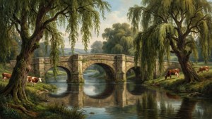 Een rustige stenen brug over een rivier met wilgenbomen en vee door Frederick James Havell