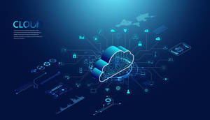 Concetto di cloud computing digitale con dispositivi connessi e icone dati in tonalità blu.
