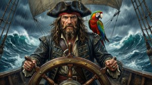 Long John Silver aan het roer in een storm, olieverfschilderij, dramatisch weer.