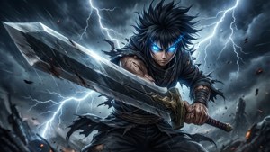 En episk anime-kriger med et sverd i et tordenvær.