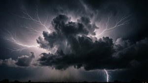 Ominous storm clouds with black lightning flashing in the sky.
