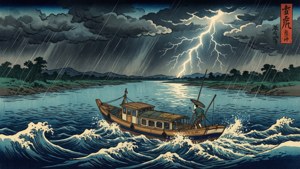 Hiroshige II in barca durante una tempesta drammatica sul fiume