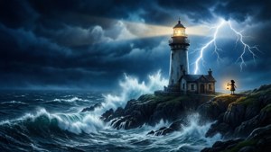 En jente med en lykt ved et fyrtårn under en storm, i Cartoon Saloons dramatiske stil.