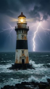 Dramatische achtergrond van een vuurtoren die de levensverzekering voorstelt als een baken van veiligheid.
