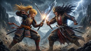 Episk anime-kamp med krigere i stormfulde bjerge