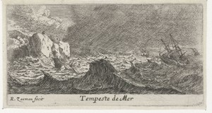 Storm op zee by Reinier Zeeman, created 1650, in paper; etching. Download this artwork as a high-resolution wallpaper for desktop, tablet, or mobile.