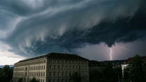 Badai petir dramatis di atas gedung utama ETH Zurich dengan awan gelap dan kilat