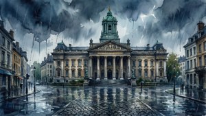 Aquarel schilderij van het oude Paleis van Justitie in Brussel onder stormachtige lucht