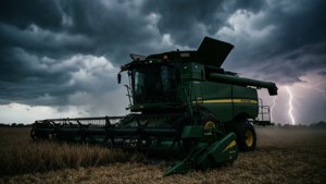 Ein John Deere Mähdrescher als Silhouette vor einem dramatischen stürmischen Himmel.
