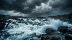Jeram badai yang gelap dan dramatis dengan ombak yang menghantam dan hujan deras.