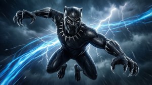 Actionfylt Black Panther-bakgrunnsbilde med energieffekter og en stormfull himmel.